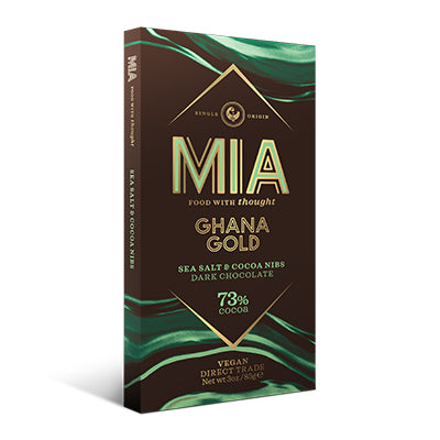 MIA Ghana Gold Sea Salt & Cocoa Nibs 73% Dark Chocolate  85g - box of 12